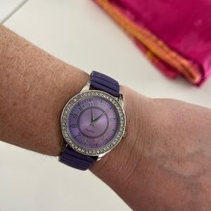 Women’s Purple Avon Fashion Watch with Rhinestones Stretch Band Stainless Back